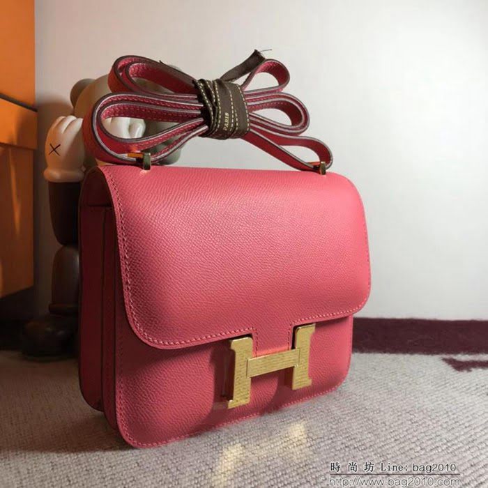 HERMES愛馬仕 空姐包 constance 唇膏粉 EPSOM 18cm 金扣 蠟線縫製 單肩斜挎包  Ama1473